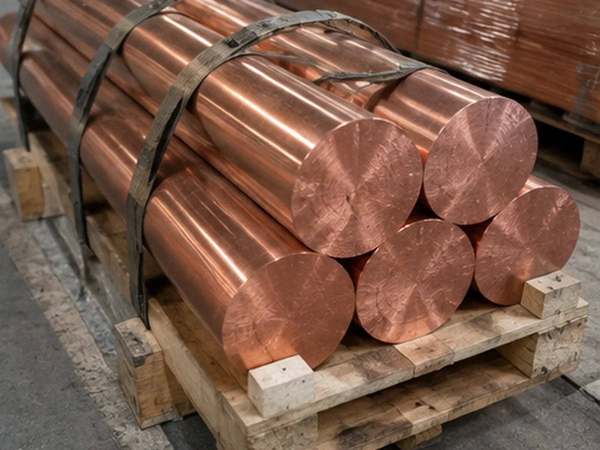 20 mm solid copper bars secured on a pallet for handling