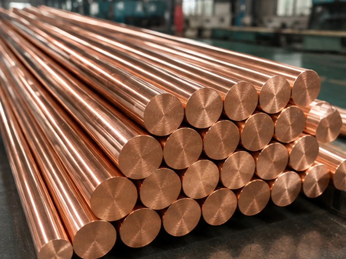 10 mm solid round copper bar bundle in a metalworking shop