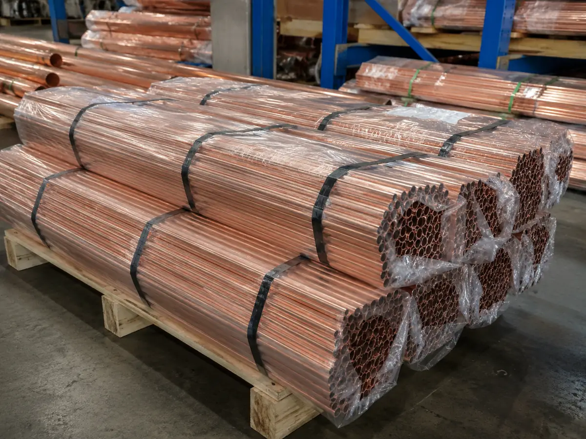 Thin-wall copper tubes bundled and protected for warehouse dispatch