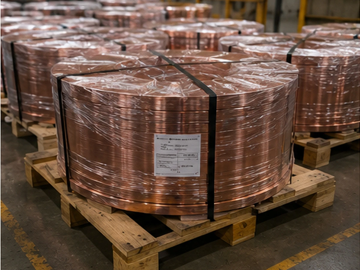 0.50 mm copper strip coils packed on pallets