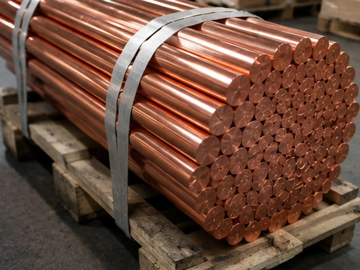 10 mm solid copper bars strapped on a pallet for shipment