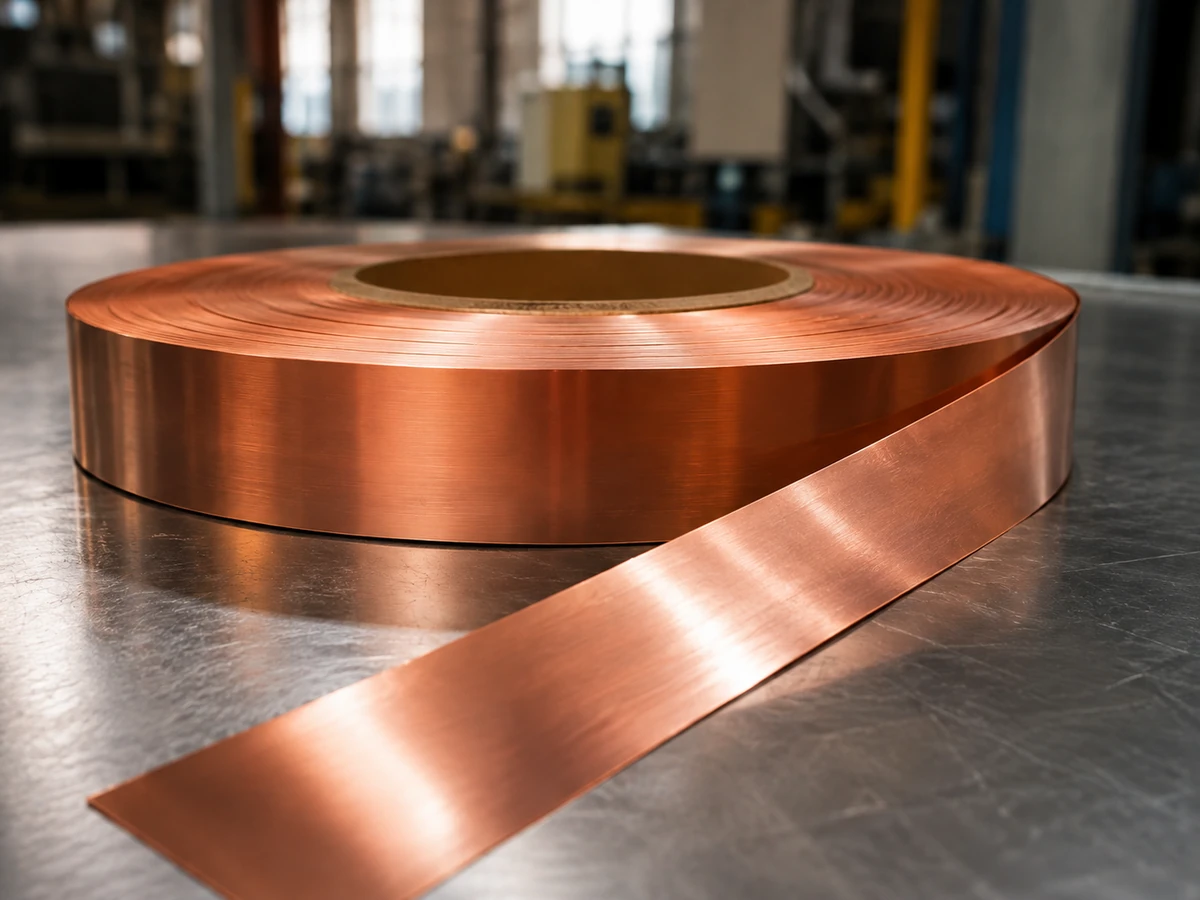 C10200 oxygen-free copper foil coil close-up in workshop