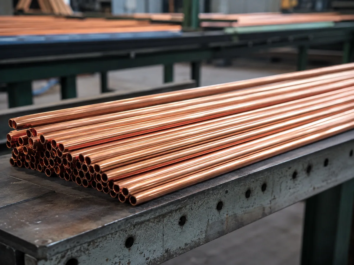 Thin-wall copper tubes stacked on an industrial workbench
