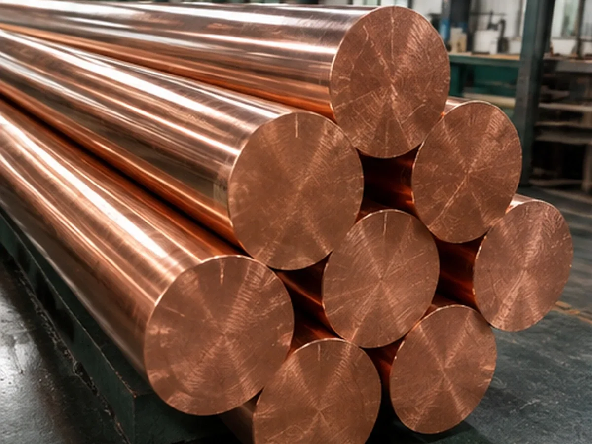 20 mm solid round copper bars on a workshop table