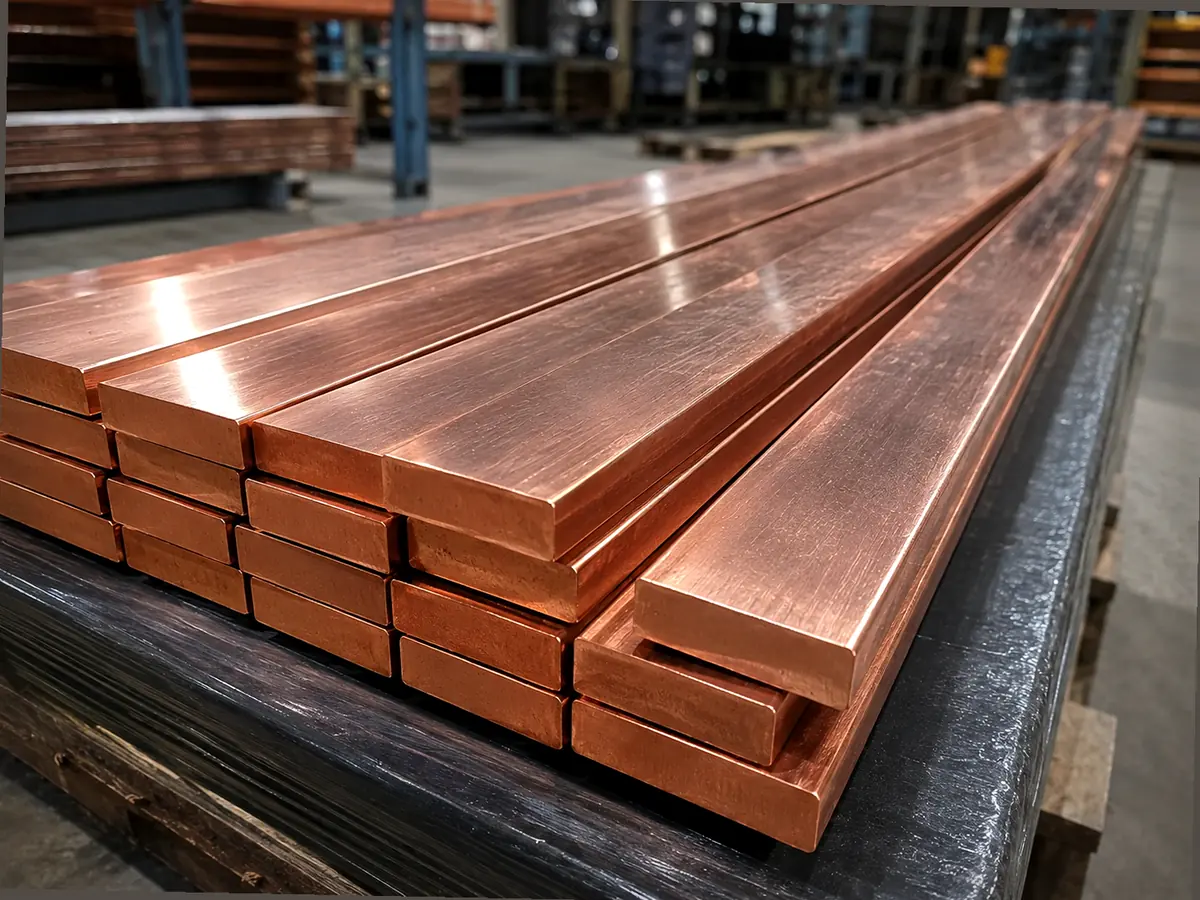 HONGYUAN C18150 copper busbar, rectangular section, machining detail and packed bar stock